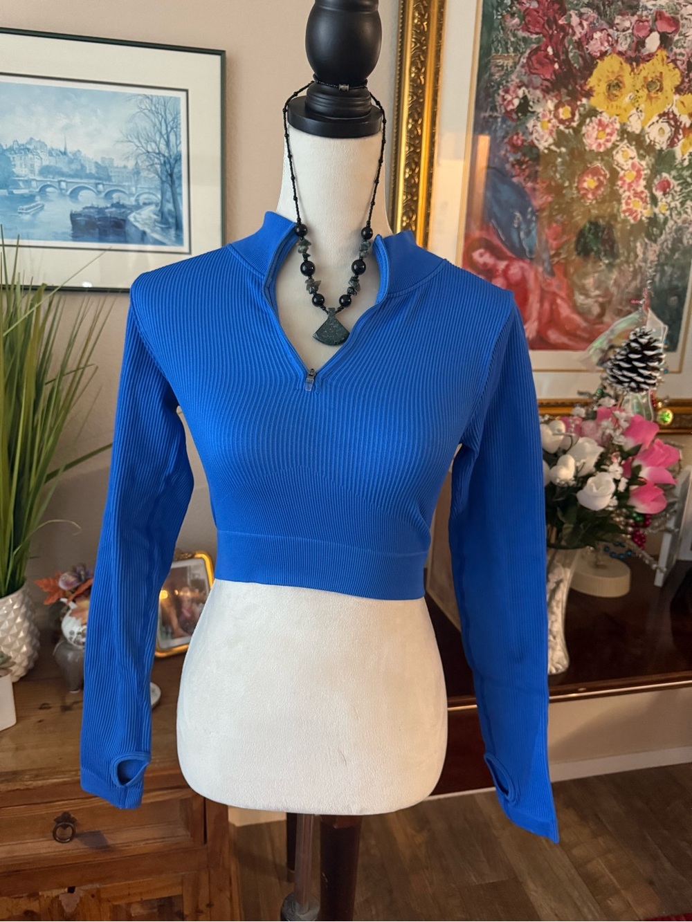 Cropped Ribbed Quarter-Zip Top - Royal Blue